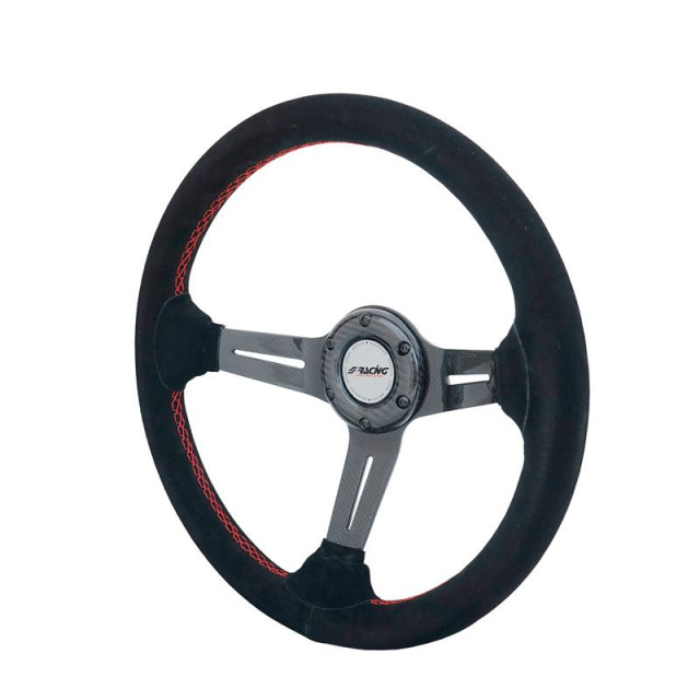 Simoni Racing High-End Racing Sportstuur Tommi 350mm - Echt Carbon - Zwart Suede + Rode Stiksels - Deep Dish 6,5cm