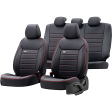 Universele Volleder Stoelhoezenset 'Premium' Zwart + Rode rand - 11-delig - geschikt voor Side-Airbags